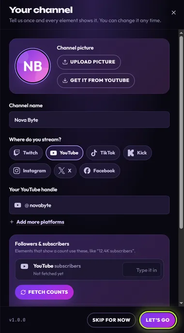 The Your channel panel filled in for Nova Byte: NB picture, channel name Nova Byte, YouTube selected as the main platform, handle novabyte, Fetch counts, and the Let’s go button ringed.