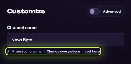 The Channel name field showing Nova Byte, with the line From your channel · Change everywhere | Just here ringed underneath