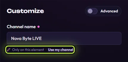 The Channel name field changed to Nova Byte LIVE, a pink dot after the label, and the line Only on this element · Use my channel ringed underneath