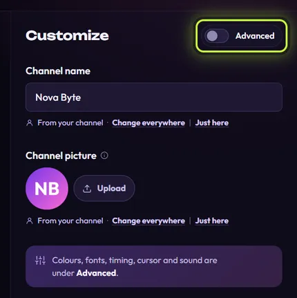 The top of the Customize panel with the Advanced switch ringed, still off
