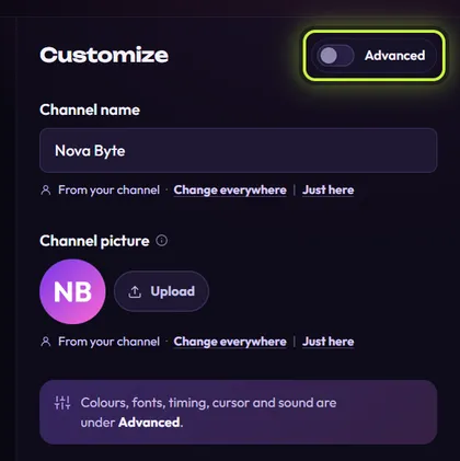 The Customize panel header with the Advanced switch ringed