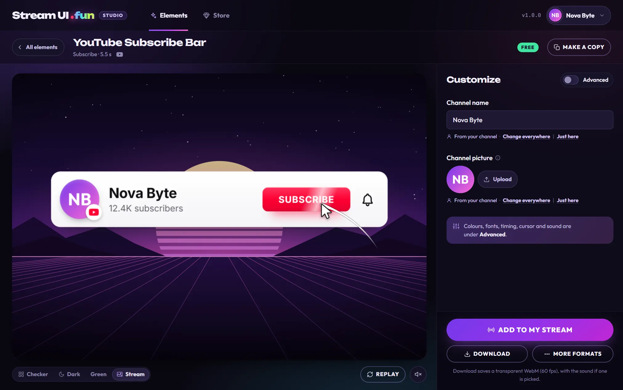 The editor for YouTube Subscribe Bar: the preview shows Nova Byte with 12.4K subscribers and a Subscribe button; the Customize panel has Channel name and Channel picture filled in from the channel; Add to my stream, Download and More formats sit at the bottom right.