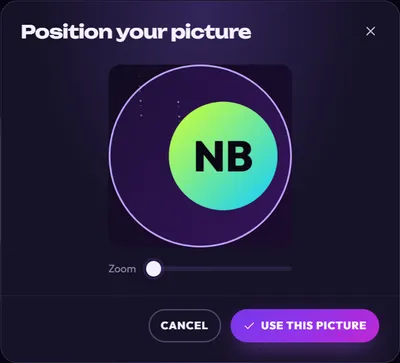 The Position your picture dialog: a square preview of the uploaded picture with a round guide, a Zoom slider under it, and the buttons CANCEL and USE THIS PICTURE