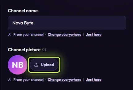 The element's Channel picture field with Upload ringed, and the line From your channel · Change everywhere | Just here under it