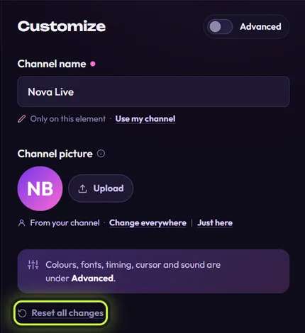 The Customize panel with Channel name changed to Nova Live (Only on this element · Use my channel) and Reset all changes ringed at the bottom