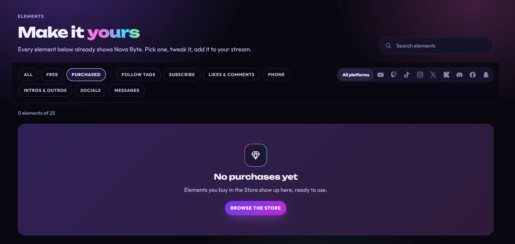 The Purchased chip turned on with 0 elements of 25 and the message No purchases yet, Elements you buy in the Store show up here, ready to use, with a BROWSE THE STORE button
