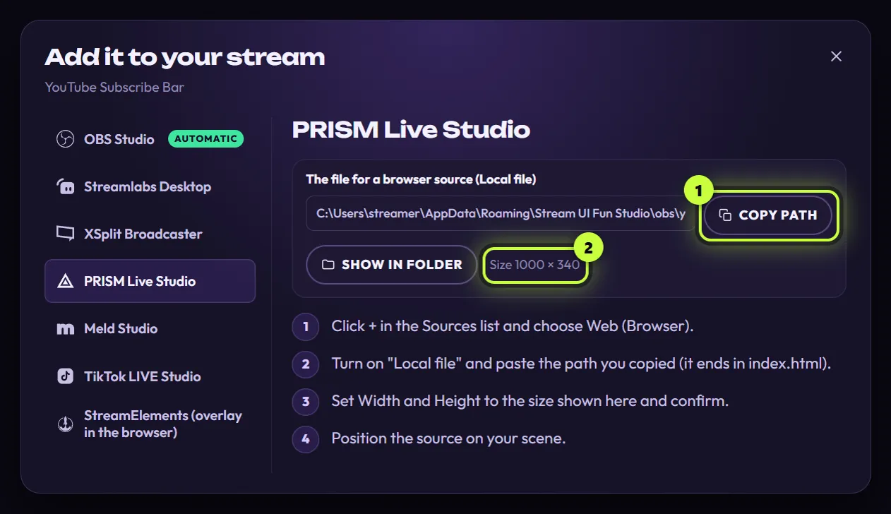The PRISM Live Studio guide: the file path with Copy path (1) and Show in folder, Size 1000 × 340 (2), and four steps