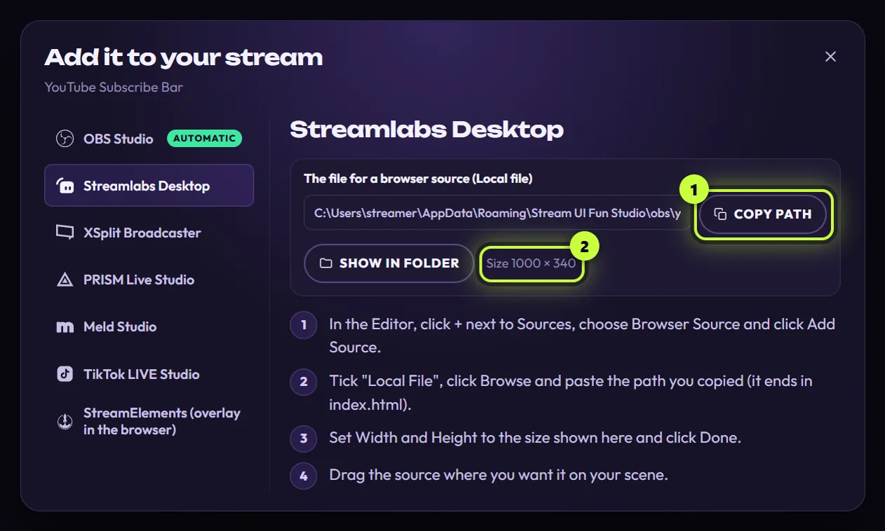 The Streamlabs Desktop guide: the file path with Copy path (1) and Show in folder, Size 1000 × 340 (2), and four steps