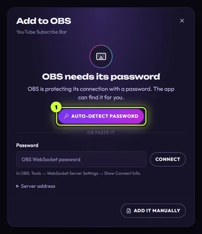 The OBS needs its password view with Auto-detect password ringed (1)
