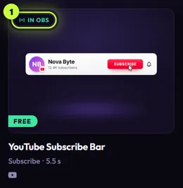 An element card for YouTube Subscribe Bar with the green In OBS badge ringed (1) in its top-left corner