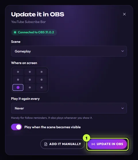 The Update it in OBS window, connected to OBS 31.0.2: Scene Gameplay, the Where on screen grid on bottom left, Play it again every Never, the switch on, and the Update in OBS button ringed
