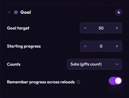 The Goal group with 4 settings: Goal target 50 and Starting progress 0, each with − and + buttons, Counts set to Subs (gifts count), and Remember progress across reloads switched on