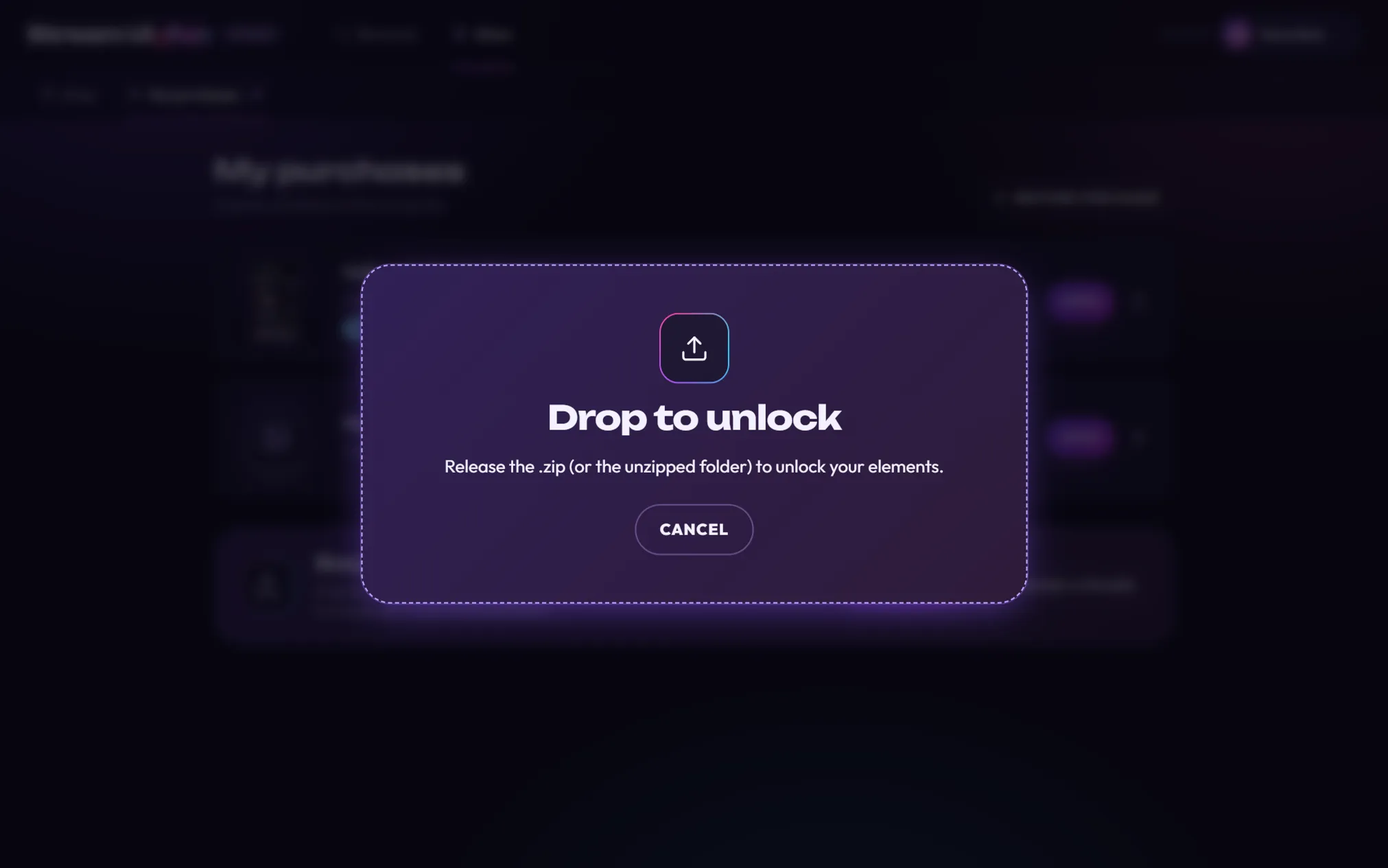 The Drop to unlock screen: Release the .zip (or the unzipped folder) to unlock your elements, with a Cancel button