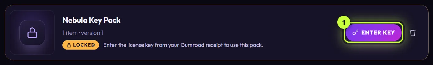 A locked Nebula Key Pack row with the reason Enter the license key from your Gumroad receipt to use this pack, and the Enter key button (1)