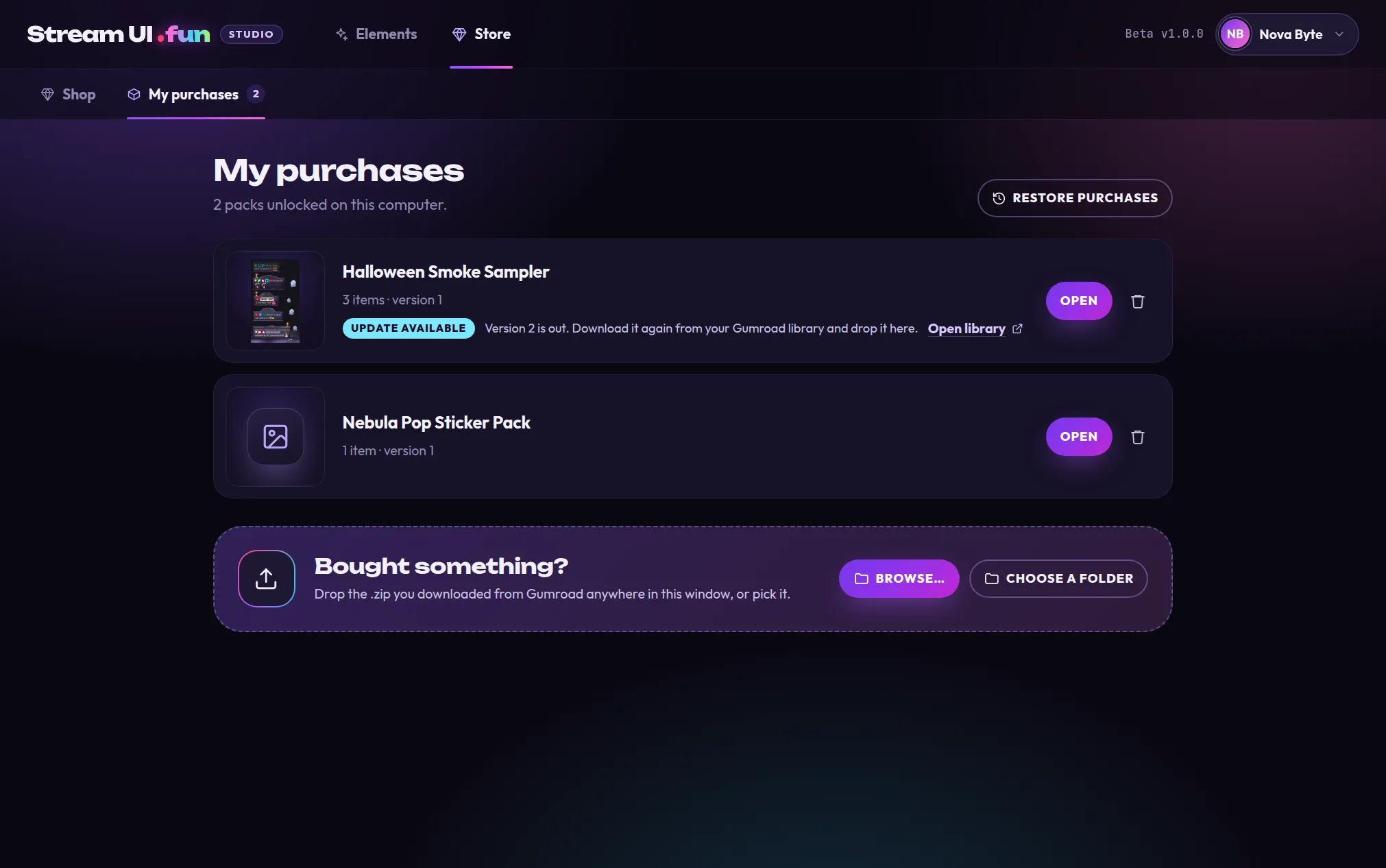 Store → My purchases with two packs: Halloween Smoke Sampler (3 items, version 1, UPDATE AVAILABLE) and Nebula Pop Sticker Pack (1 item, version 1), each with Open and a trash can, plus the Restore purchases button and the Bought something? box