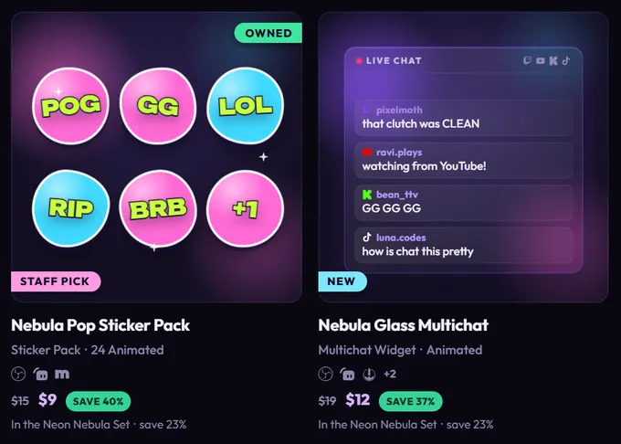 Two Shop cards: Nebula Pop Sticker Pack with a green OWNED flag, and Nebula Glass Multichat without one
