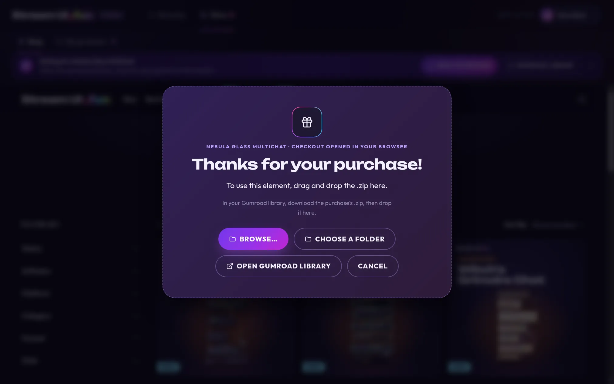 The Thanks for your purchase! screen over the Shop, with the buttons Browse…, Choose a folder, Open Gumroad library and Cancel