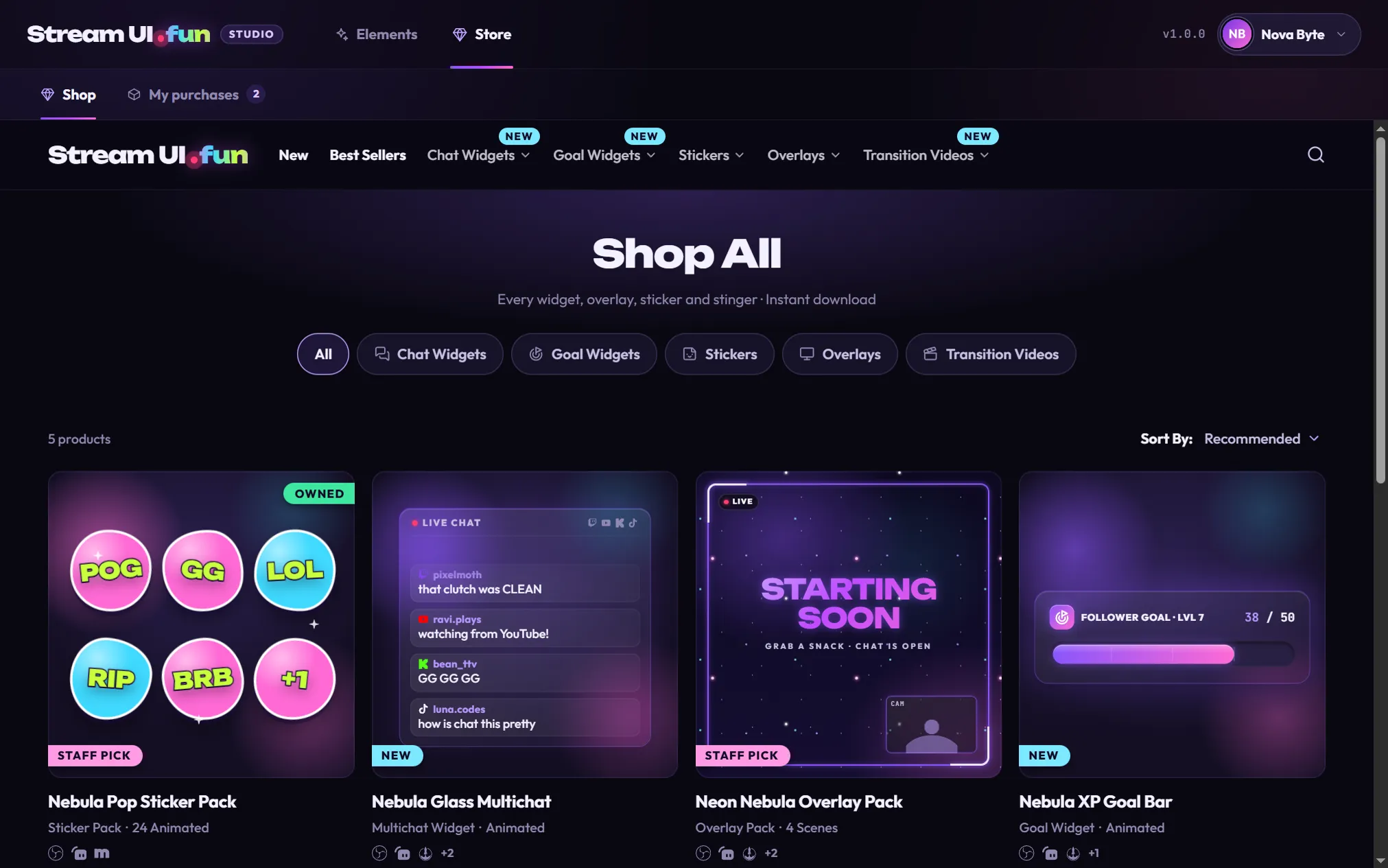 The Store tab open on the Shop: the streamui.fun product grid inside the app, with an OWNED flag on the Nebula Pop Sticker Pack