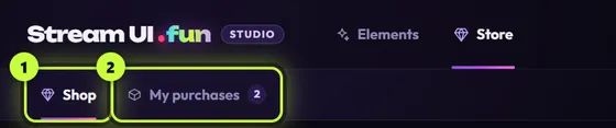 The Store tab's two sub-tabs: Shop (1) and My purchases with the number 2 (2)