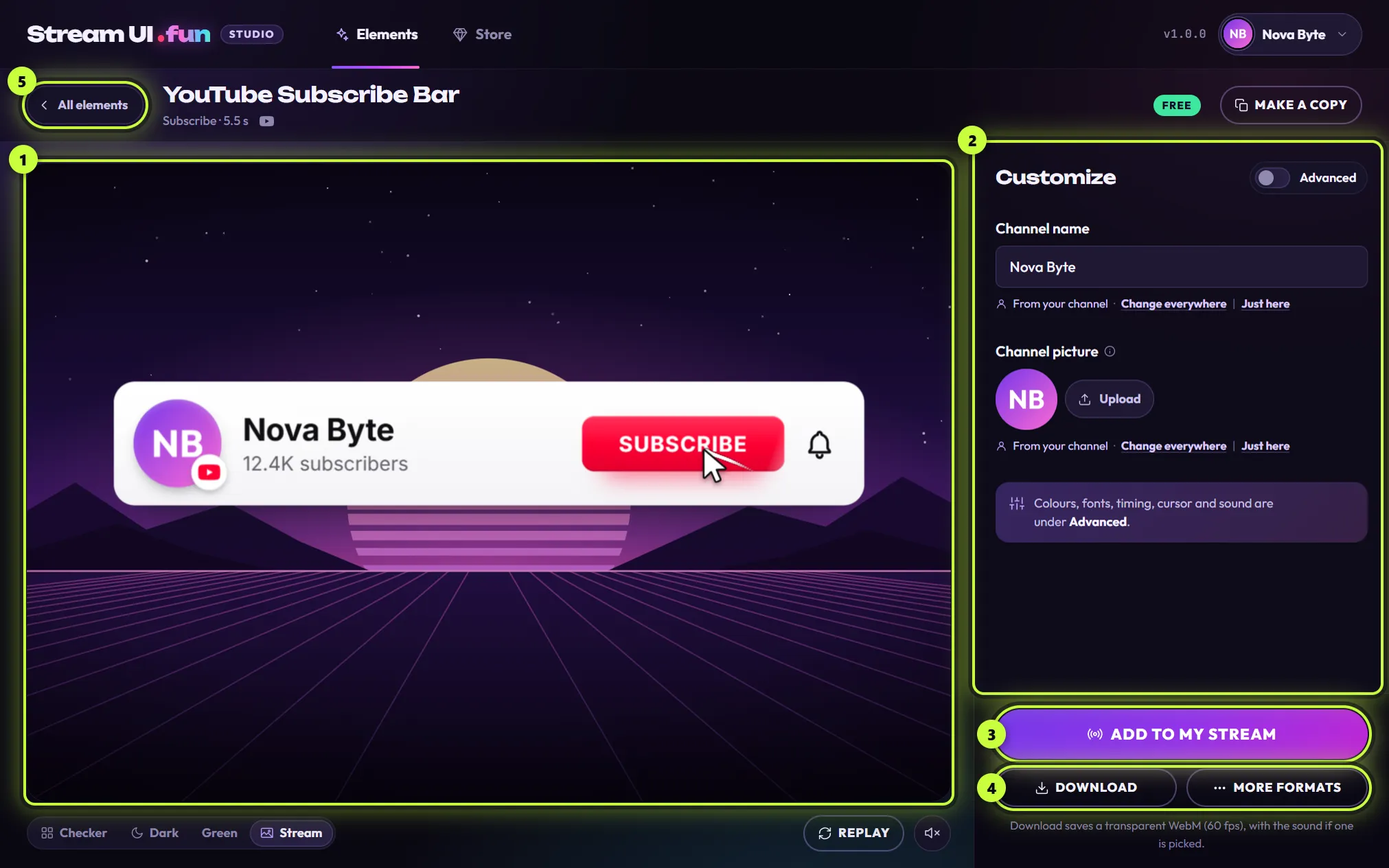 The editor for YouTube Subscribe Bar with five numbered rings: 1 the live preview showing the bar for Nova Byte on a sample stream scene, 2 the Customize panel with Channel name and Channel picture, 3 ADD TO MY STREAM, 4 DOWNLOAD and MORE FORMATS, 5 the All elements button