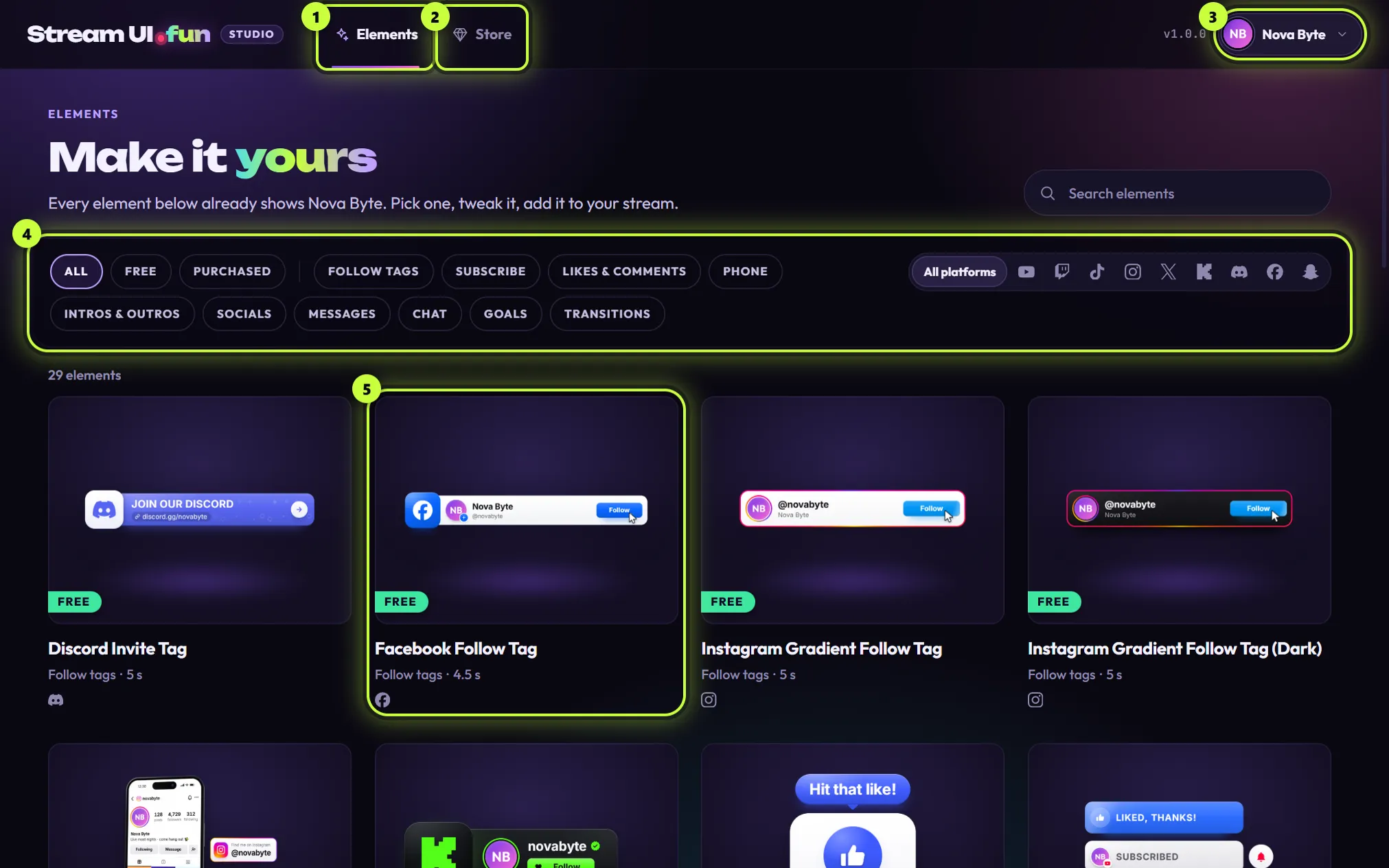 The Elements tab for Nova Byte with numbered rings: 1 the Elements tab, 2 the Store tab, 3 the Nova Byte profile chip, 4 the filter bar, 5 the Facebook Follow Tag card.